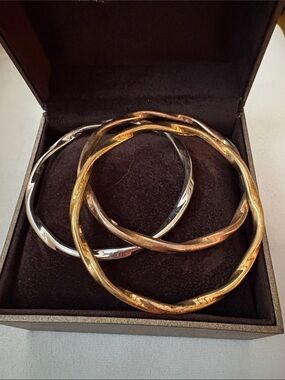 Three-Tone Twisted Bangle Bracelet Set - Gold & Silver& Rose Gold
